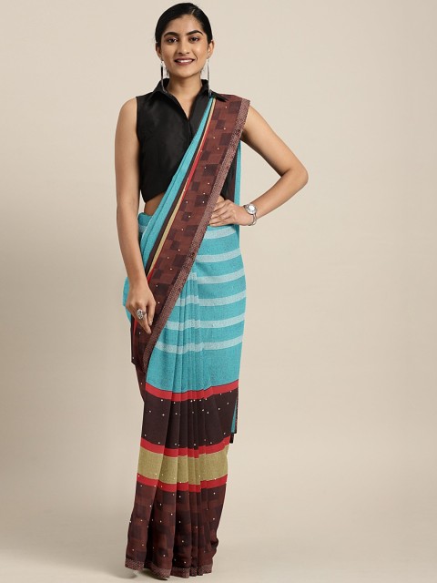 

KALINI Blue & Coffee Brown Pure Georgette Striped Saree