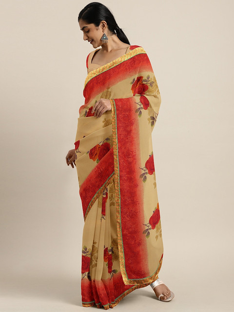 

KALINI Beige & Red Pure Georgette Printed Saree