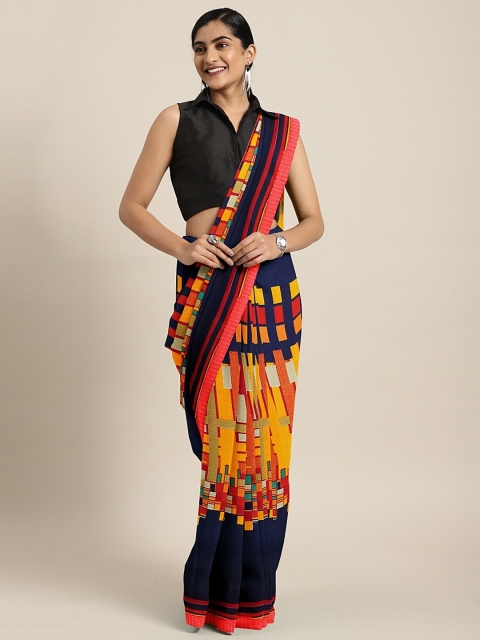 

KALINI Mustard & Navy Blue Pure Georgette Printed Saree