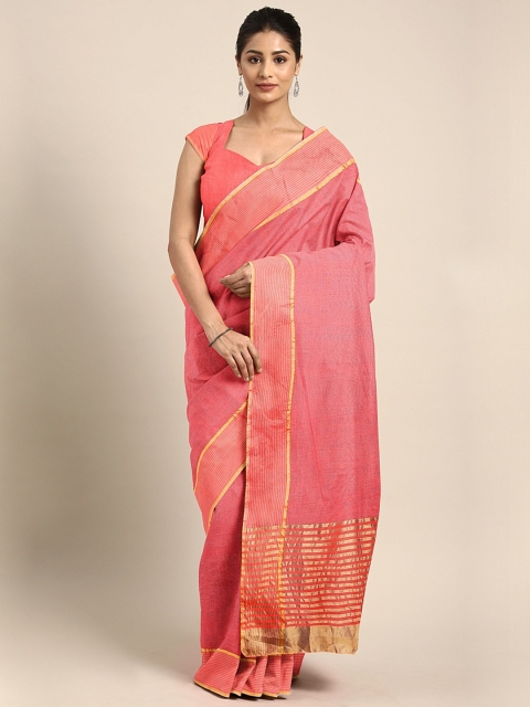 

KALINI Pink & Gold-Toned Polycotton Solid Saree