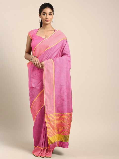 

KALINI Pink & Gold-Toned Polycotton Solid Saree