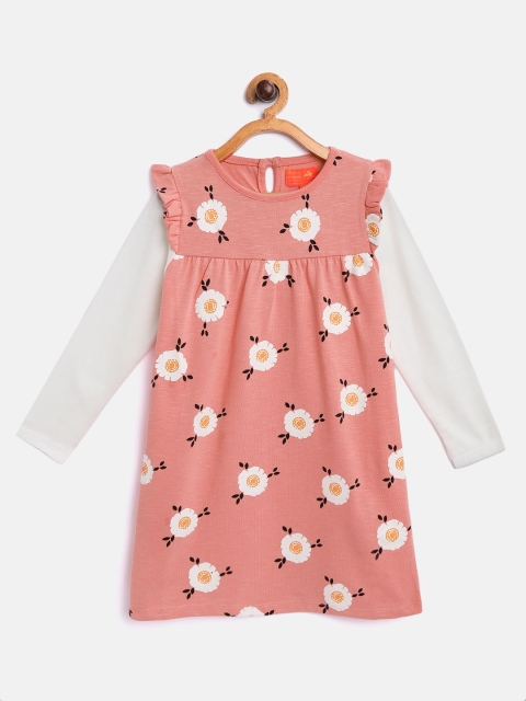 

Cherry Crumble Girls Pink & White Floral Printed A-Line Dress with Gathered Detail