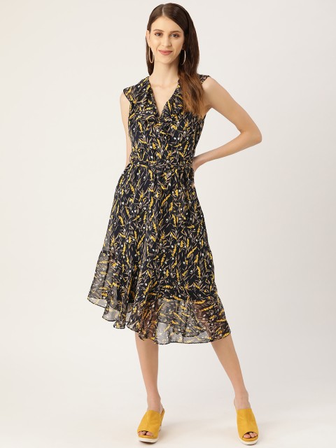 

20Dresses Women Navy Blue & Mustard Yellow Floral Print Wrap Dress With Belt