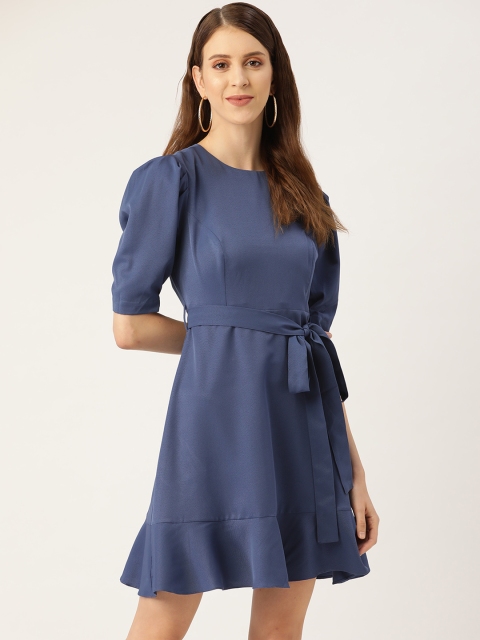 

20Dresses Women Blue Solid A-Line Dress With Belt