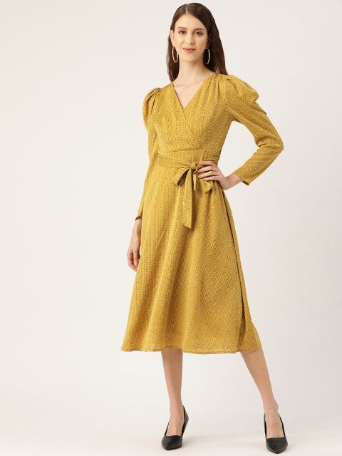 

20Dresses Women Mustard Yellow Printed A-Line Dress With Belt