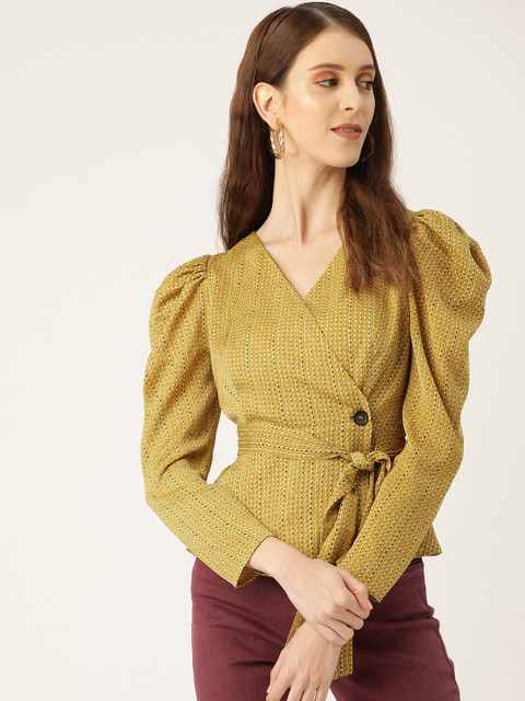 

20Dresses Women Mustard Yellow & White Abstract Print Wrap Top