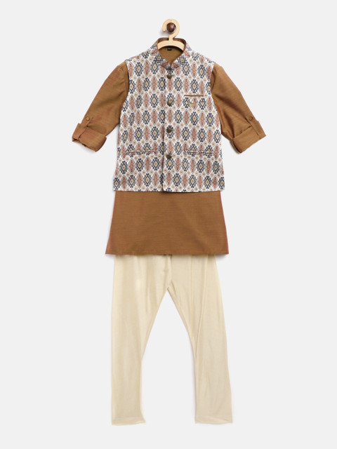 

Readiprint Fashions Boys Brown & Beige Solid Straight Kurta with Churidar & Nehru Jacket
