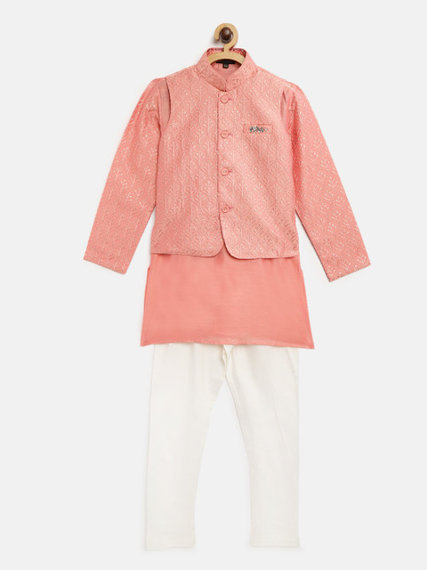 

Readiprint Fashions Boys Pink & White Solid Straight Kurta with Churidar & Nehru Jacket