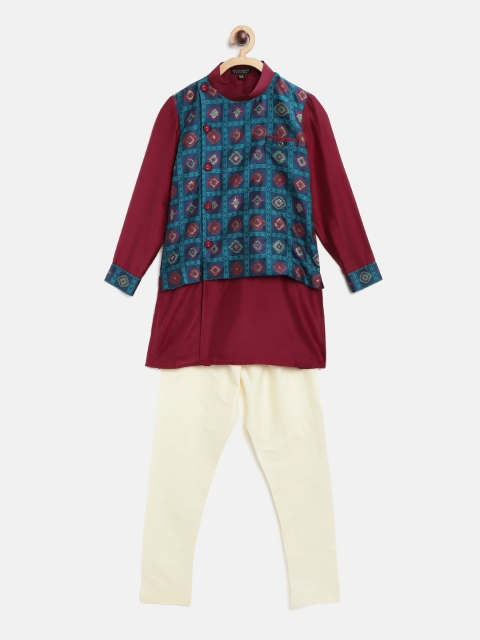 

Readiprint Fashions Boys Maroon & Cream Woven Design Layered Angrakha Kurta with Churidar