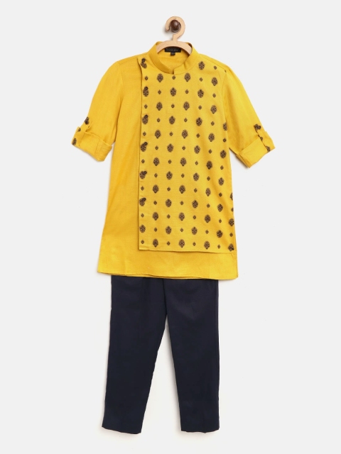 

Readiprint Fashions Boys Mustard Yellow & Navy Blue Ethnic Print Kurta with Pyjamas
