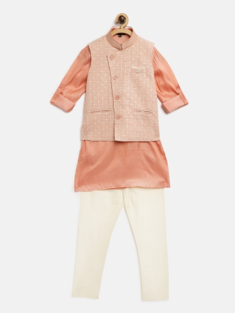 

Readiprint Fashions Boys Peach & Beige Solid Kurta with Churidar & Nehru Jacket