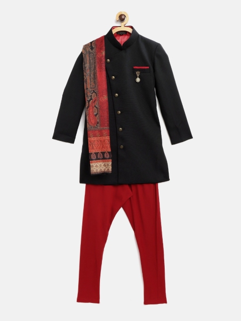 

Readiprint Fashions Boys & Red Sherwani and Churidar With Printed Stole, Black