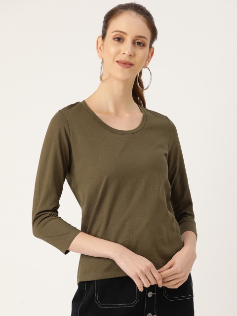 

20Dresses Women Olive Green Solid Round Neck T-shirt