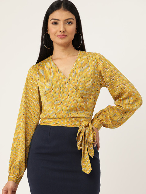 

20Dresses Women Mustard Yellow & White Abstract Print Wrap Top