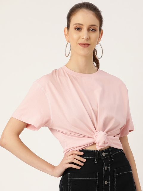 

20Dresses Women Pink Solid Loose Fit Round Neck T-shirt