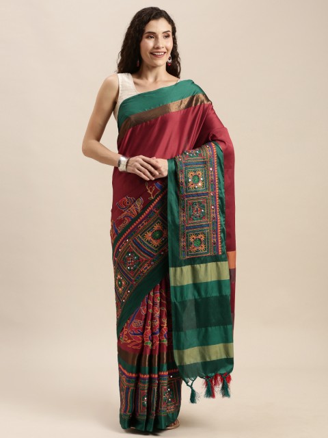 

Mitera Red & Green Silk Cotton Kutchi Embroidered Saree