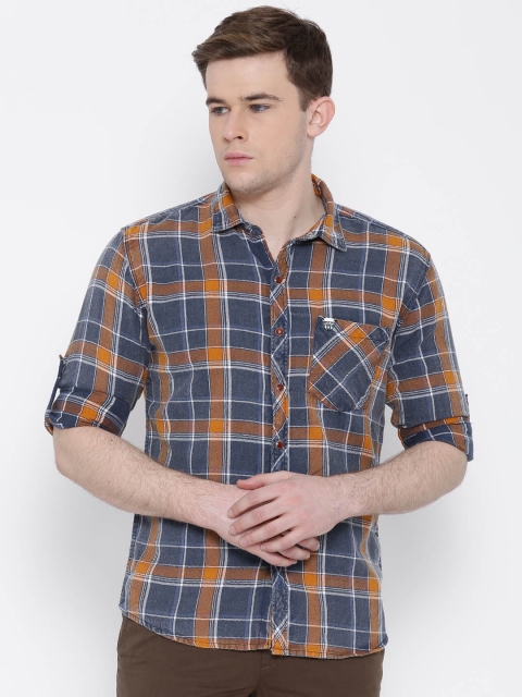 

John Players Navy & Orange Checked Trim Fit Casual Shirt, Navy blue