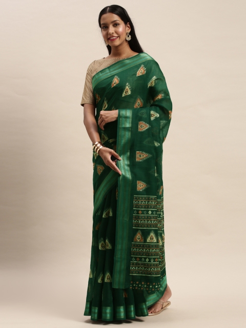

SANGAM PRINTS Green & Beige Cotton Blend Printed Chanderi Saree