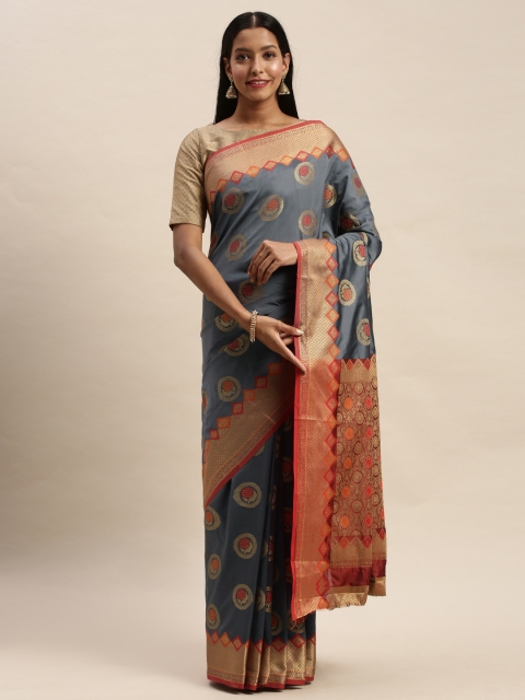 

SANGAM PRINTS Grey & Red Pure Silk Woven Design Banarasi Saree