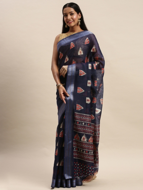 

SANGAM PRINTS Navy Blue & Off-White Cotton Blend Woven Design Chanderi Saree