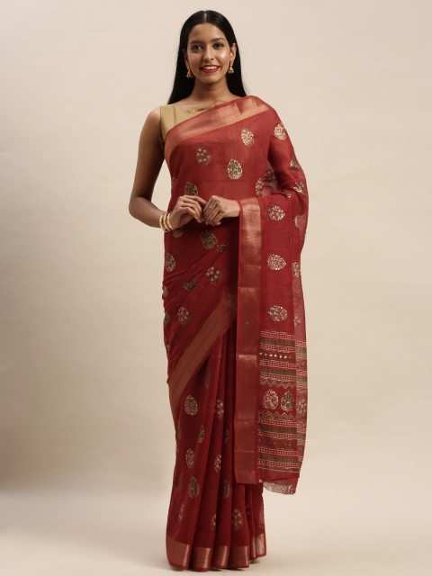 

SANGAM PRINTS Maroon Cotton Blend Woven Design Chanderi Saree