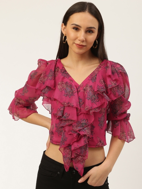 

Antheaa Women Fuchsia & Blue Floral Print Ruffled Fitted Crop Top with Smocking Detail