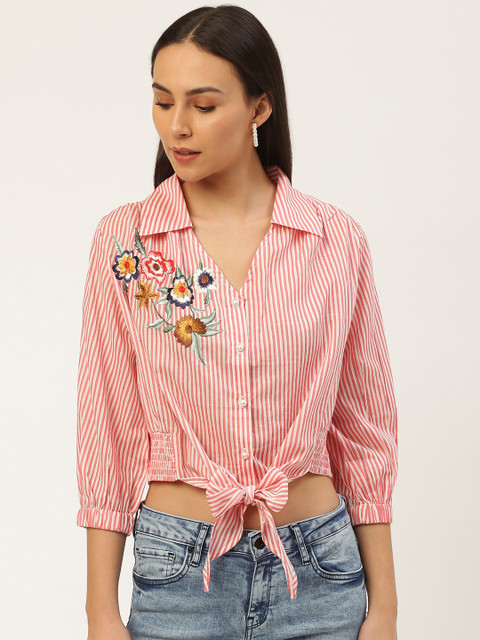 

Antheaa Women Pink & White Striped Cropped Casual Shirt with Tie-Ups & Embroidered Detail