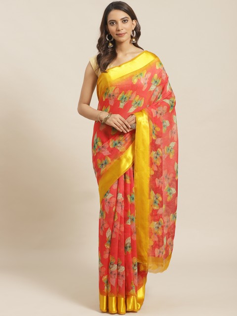

KALINI Coral Red & Mustard Yellow Floral Print Saree