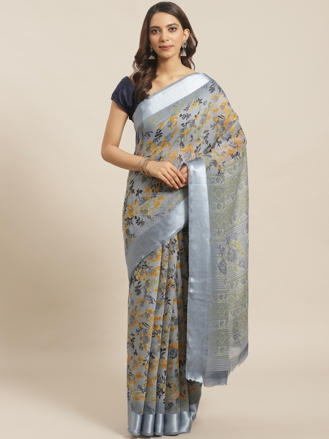 

KALINI Grey & Mustard Yellow Floral Print Saree