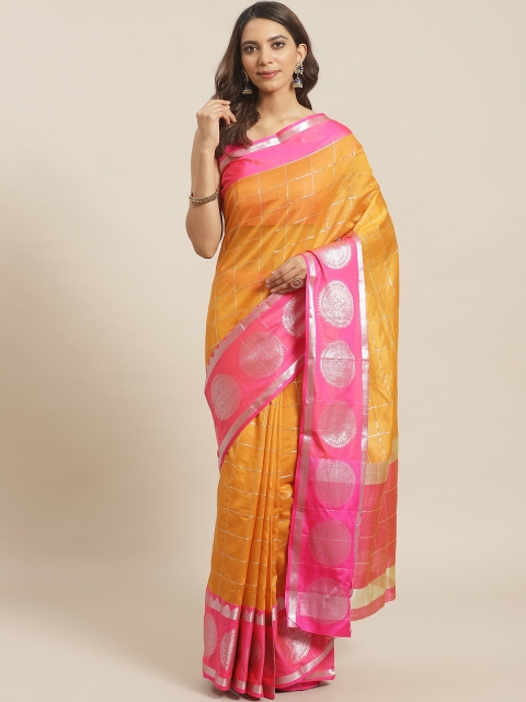 

Mitera Mustard Yellow & Silver Checked Saree