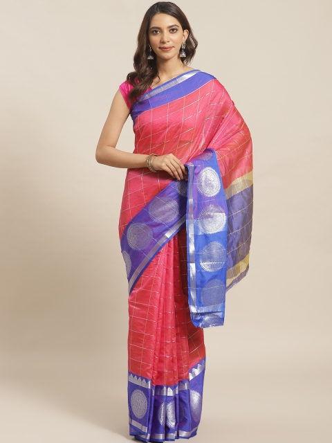 

Mitera Women Coral Pink & Blue Checked Saree