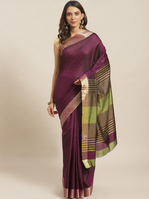 

Mitera Women Aubergine & Green Solid Saree, Purple