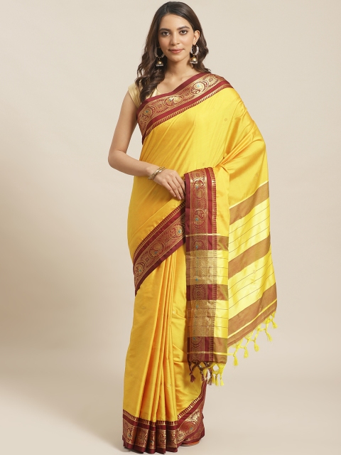 

KALINI Women Mustard Yellow & Maroon Solid Saree