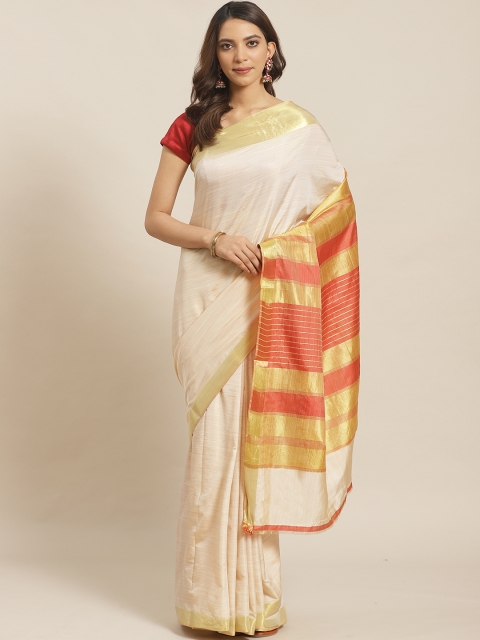 

Mitera Women Off-White & Orange Solid Saree