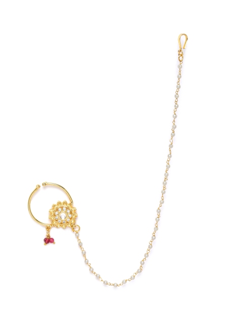 

LAIDA Gold-Plated American Diamond & Kundan Studded Nose Ring With Chain