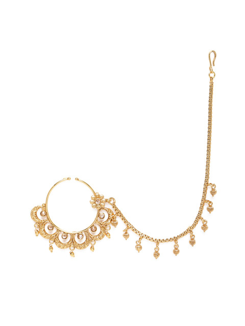 

LAIDA Gold-Plated Floral Scallop Kundan Studded Nose Ring With Chain
