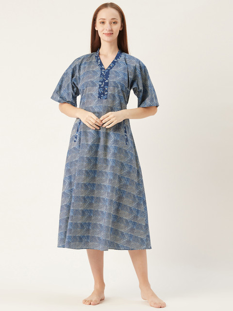 

MABISH by Sonal Jain Navy Blue & White Printed Nightdress