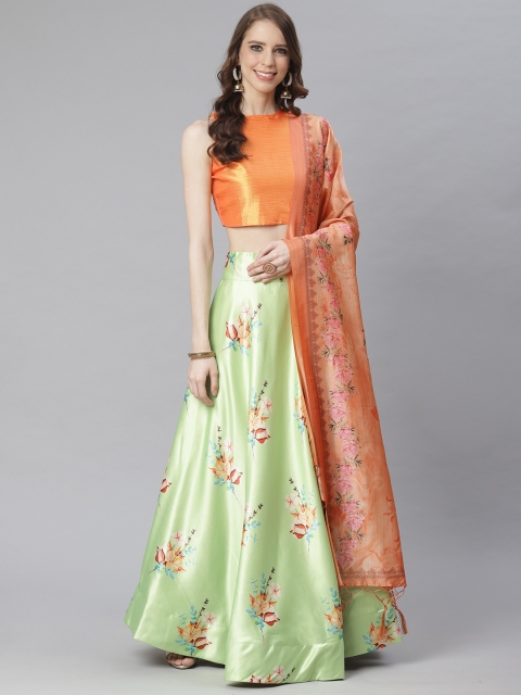 

KSUT Green & Orange Floral Print Unstitched Lehenga & Blouse with Digital Print Dupatta