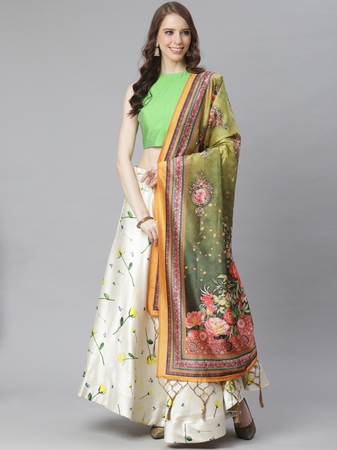 

KSUT Green & Off-White Printed Unstitched Lehenga & Solid Blouse with Dupatta