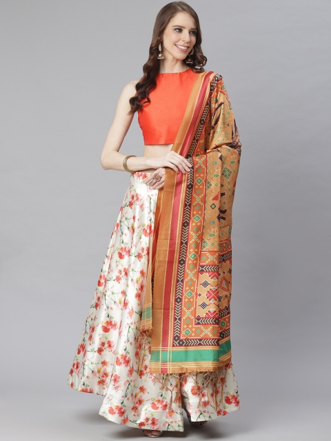 

KSUT Off-White & Orange Floral Print Unstitched Lehenga & Blouse with Printed Dupatta