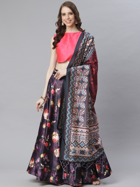 

KSUT Purple & Pink Floral Print Unstitched Lehenga & Blouse with Dupatta