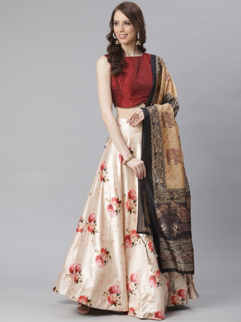 

KSUT Cream-Coloured & Maroon Floral Print Unstitched Lehenga & Blouse with Dupatta