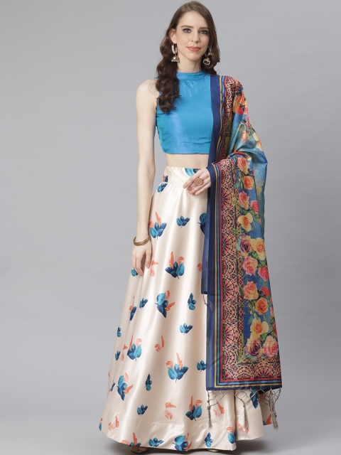 

KSUT Blue & Beige Leaf Printed Unstitched Lehenga & Solid Blouse with Dupatta