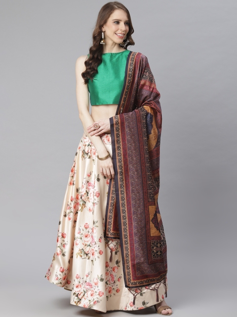 

KSUT Green & Peach-Coloured Printed Unstitched Lehenga & Solid Blouse with Dupatta