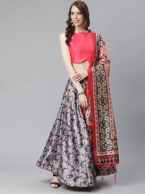 

KSUT Blue & Pink Floral Print Unstitched Lehenga & Blouse with Dupatta