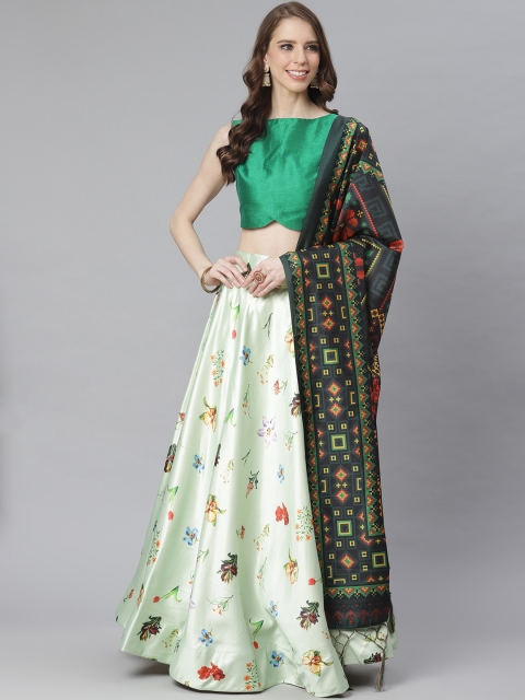 

KSUT Green & Black Floral Print Unstitched Lehenga & Blouse with Digital Print Dupatta