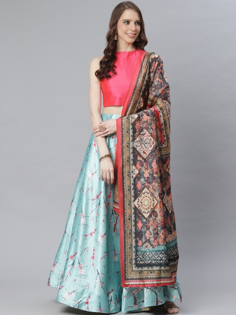 

KSUT Pink & Blue Printed Unstitched Lehenga & Solid Blouse with Dupatta