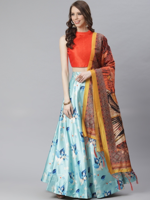 

KSUT Blue & Orange Floral Printed Unstitched Lehenga & Solid Blouse with Dupatta