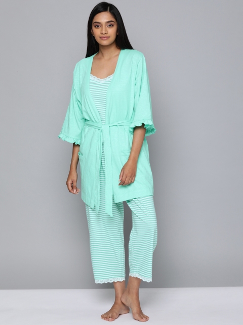 

Chemistry Women 3 Pc Sea Green & White Striped Lace Night Suit Set