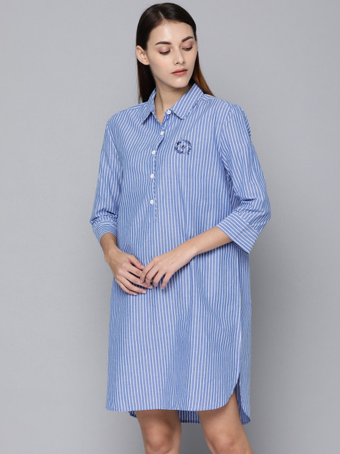 

Chemistry Blue & White Pure Cotton Striped Sleep Shirt